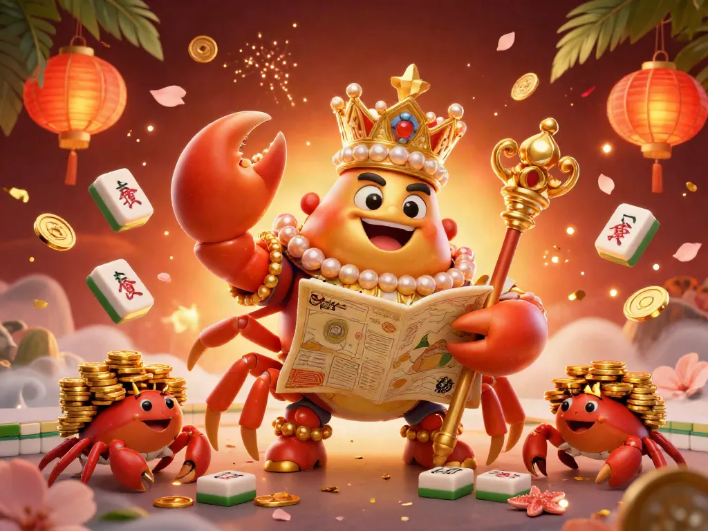 A massive golden crab emperor representing 33win commands a gaming treasure scene with mahjong tiles and gold coins.