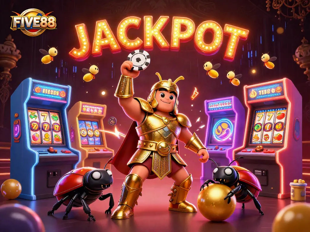 Experience excitement at FIVE88 with a victorious beetle lifting a poker chip in a vibrant casino setting.