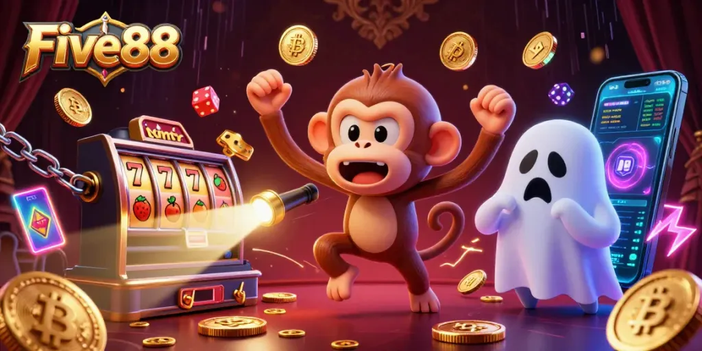 Five88 casino scene featuring a mischievous monkey juggling coins and a curious puppy with a flashlight.