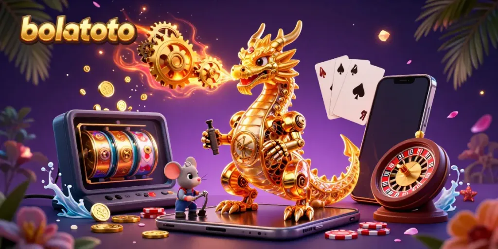 Experience thrilling wins with bolatoto's immersive gaming, showcasing a dragon and vibrant slot elements.