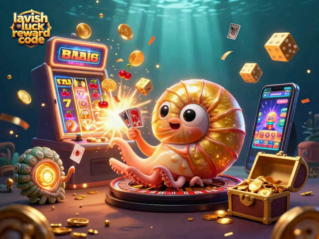 Engage with the lavish luck reward code for free rewards in a colorful casino scene with slot machines and vibrant 3D characters.