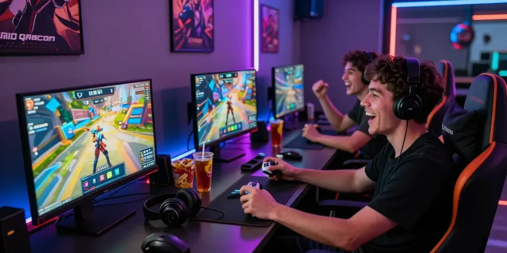 Players enjoying QQMacan gaming in a vibrant lounge, showcasing excitement and community.