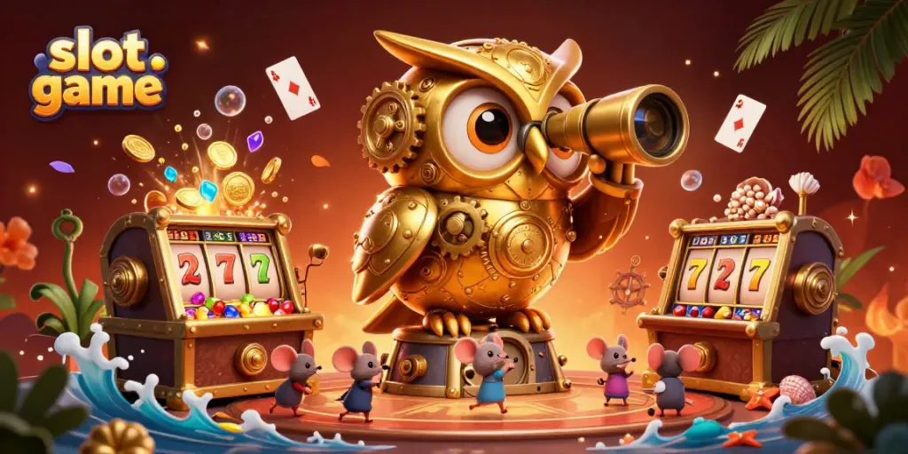 Engage in exciting slot game action with a golden owl and scurrying mice among vibrant treasures.
