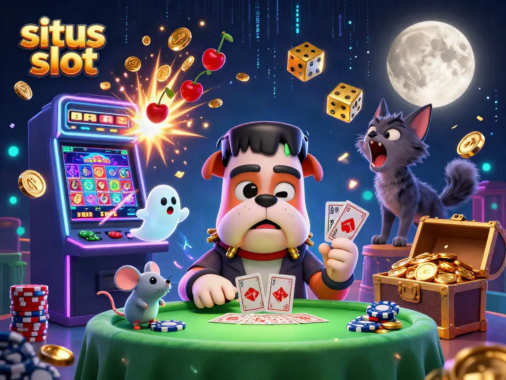 Gambaran 3D situs slot dengan anjing Frankenstein dan kucing werewolf di atas meja permainan, dikelilingi oleh mesin slot dan simbol keberuntungan.