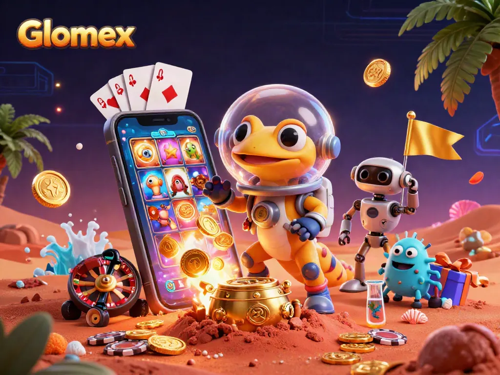 Glomex engages players with a vibrant illustration of a Martian gecko at a golden casino adventure.