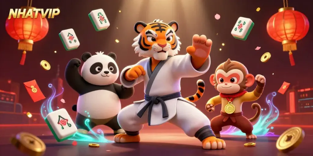 Experience thrilling card gaming with NHATVIP's energetic 3D illustration featuring skilled characters.