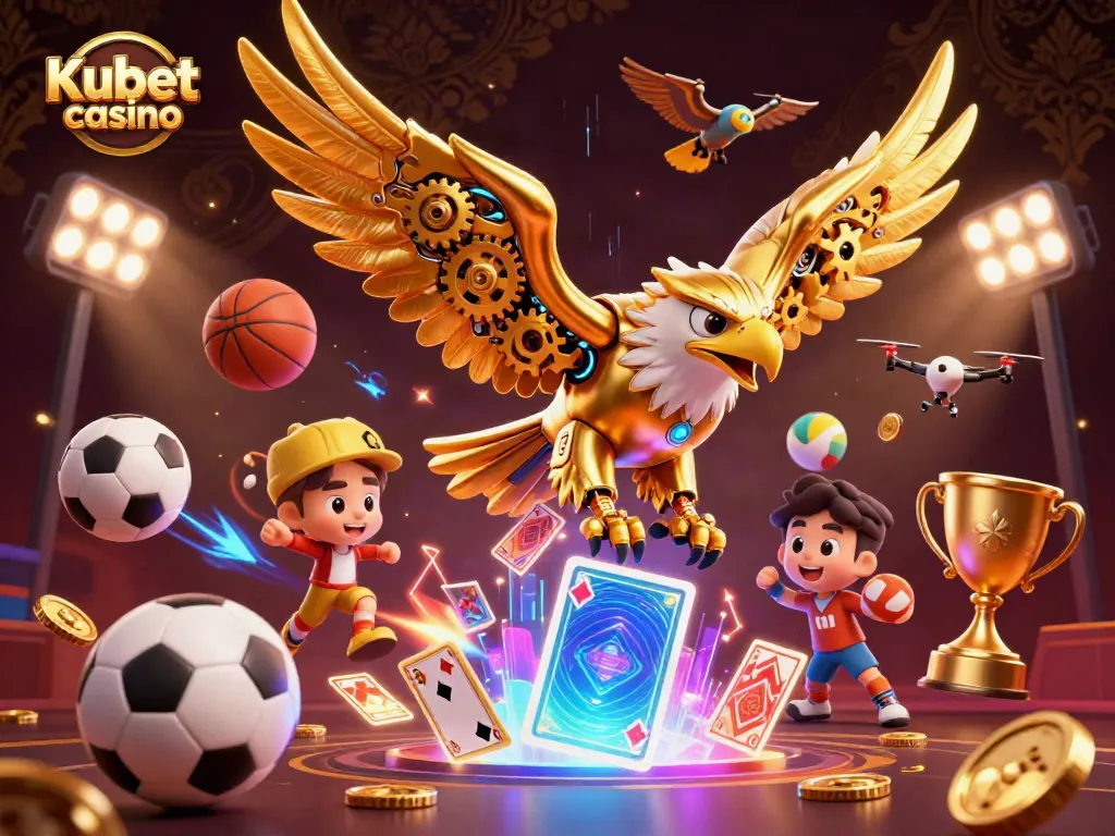 Kubet casino dynamic illustration showcasing an eagle diving through holographic playing cards amidst vibrant sports elements.