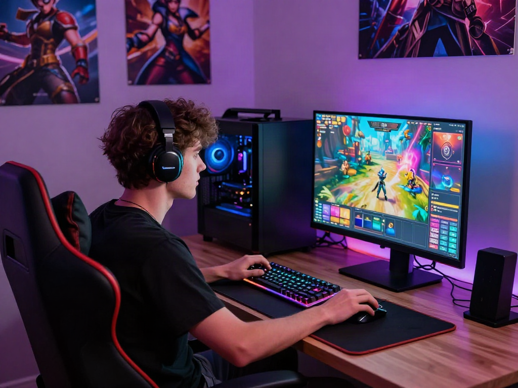 Immersed player engaging with online porngames in vibrant gaming setup with LED lights and accessories.