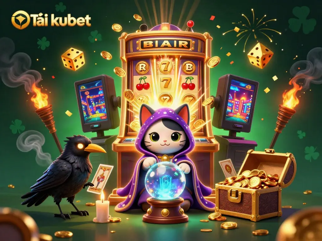 Win big with Tải kubet, featuring a mystical scene of fortune, slots, and dynamic gameplay.