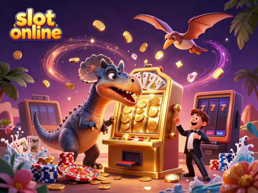 Memutar slot online dengan berbeda karakter dino, jackpot, dan koin emas yang terbang.