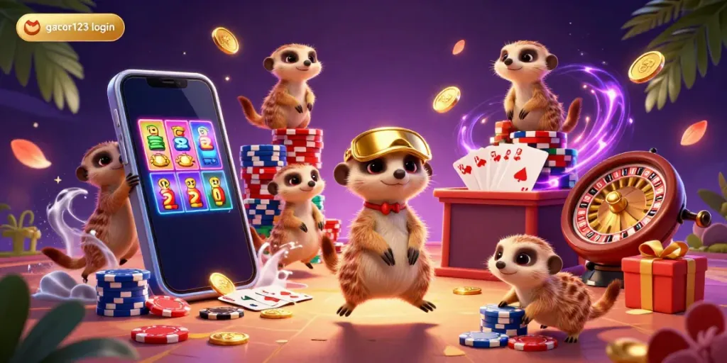 Experience the excitement of gacor123 login with lively meerkats in a busy casino operation.