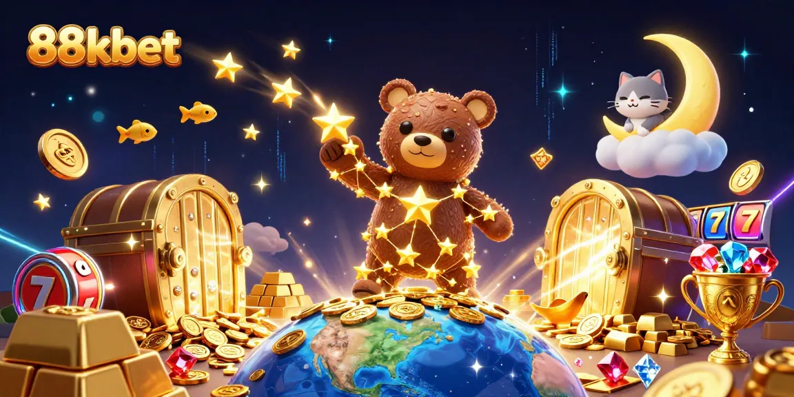 Engage with 88kbet slots in a vibrant 3D scene filled with gold coins and treasures.