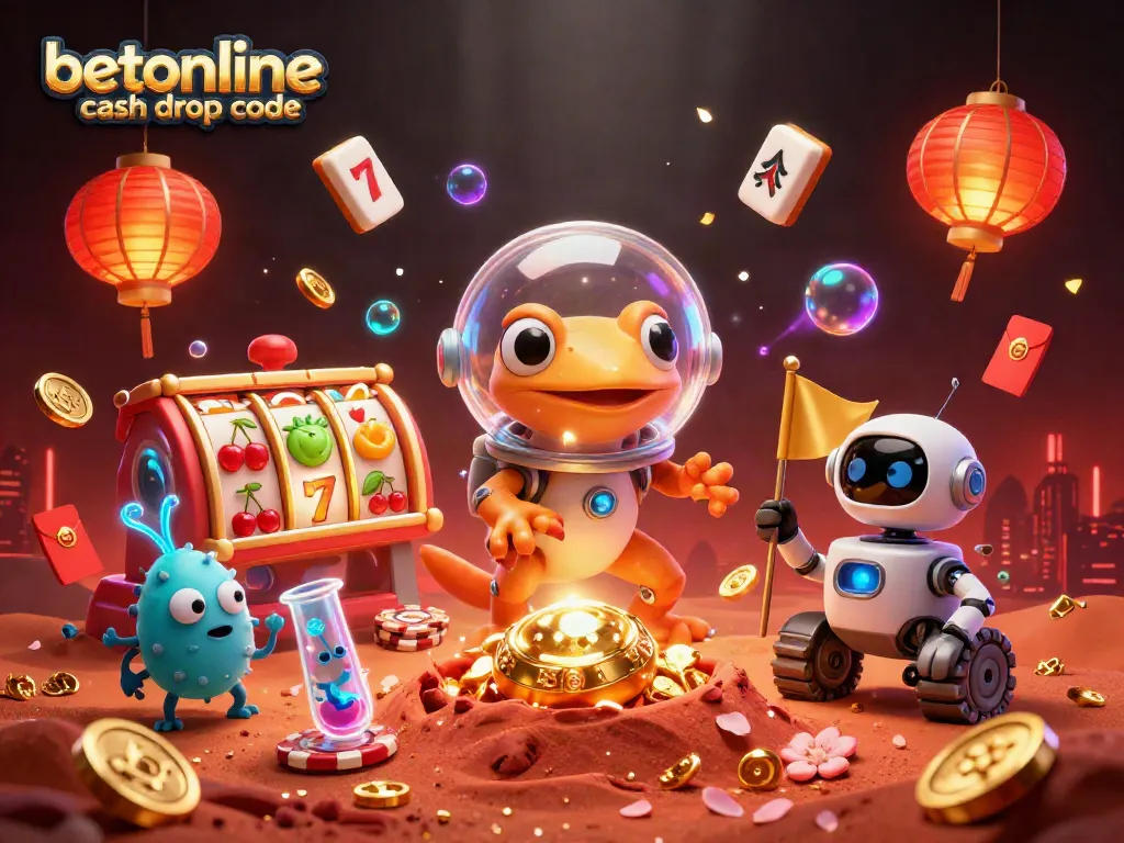 Exciting scene featuring the betonline cash drop code, showcasing a Martian gecko discovering a golden casino with dynamic elements.