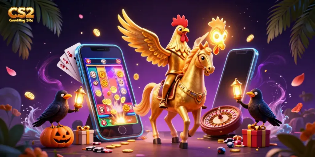 Experience thrilling moments at CS2 Gambling Site, where a golden rooster leads the fun in a vibrant casino.