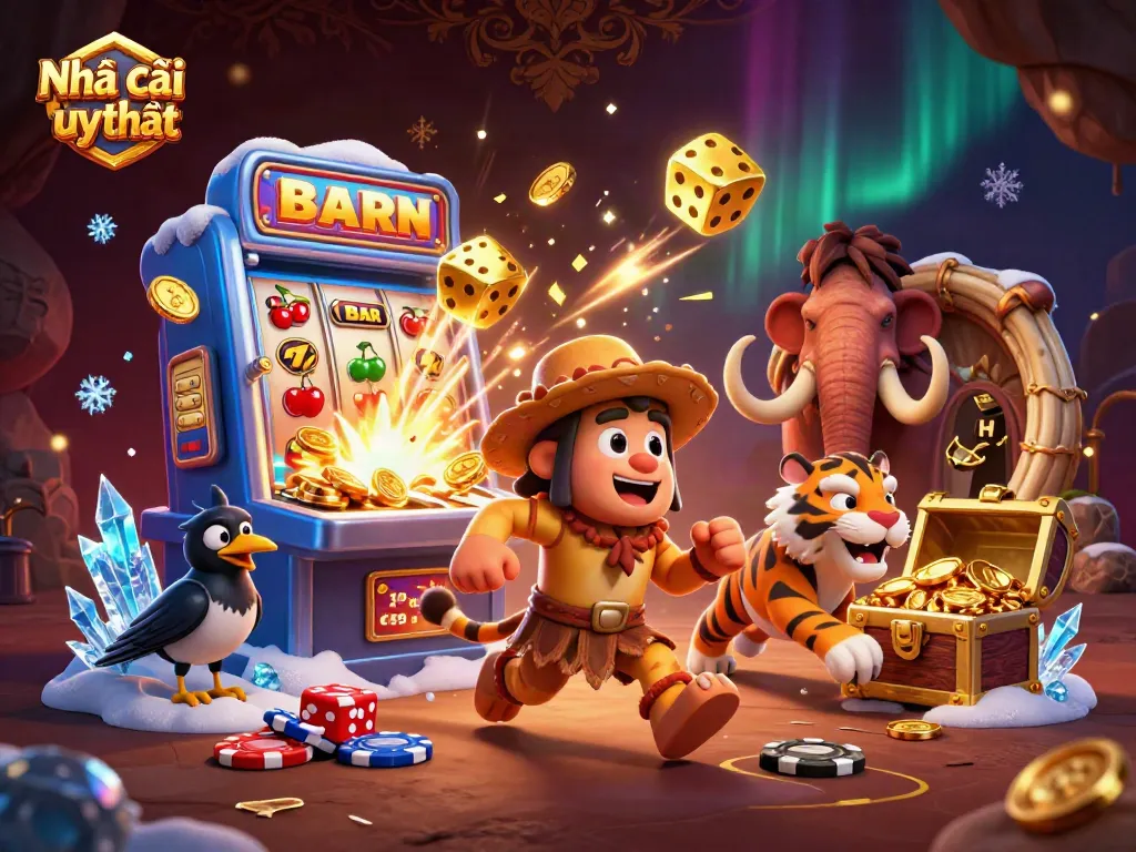 Engage with Nhà cái uy tín through a lively cartoon illustration of a prehistoric casino scene.
