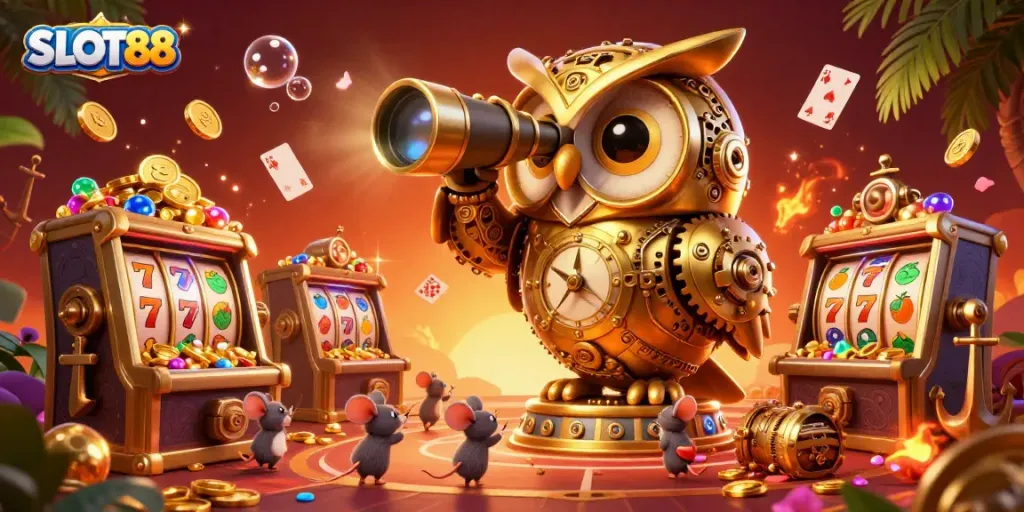 SLOT88 spinning reels and whimsical characters create a lively casino atmosphere.