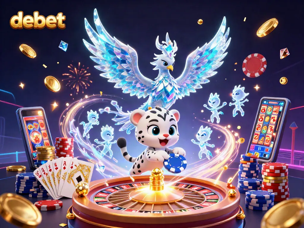 Engage with debet's dazzling casino world featuring an ice phoenix, poker chip, and glowing sprites.