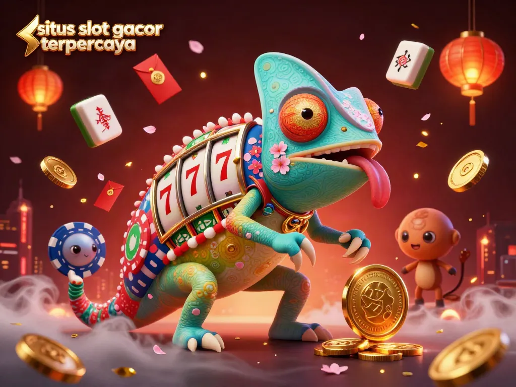 Hit the jackpot with dynamic visuals showcasing situs slot gacor terpercaya at its best in 3D illustration.