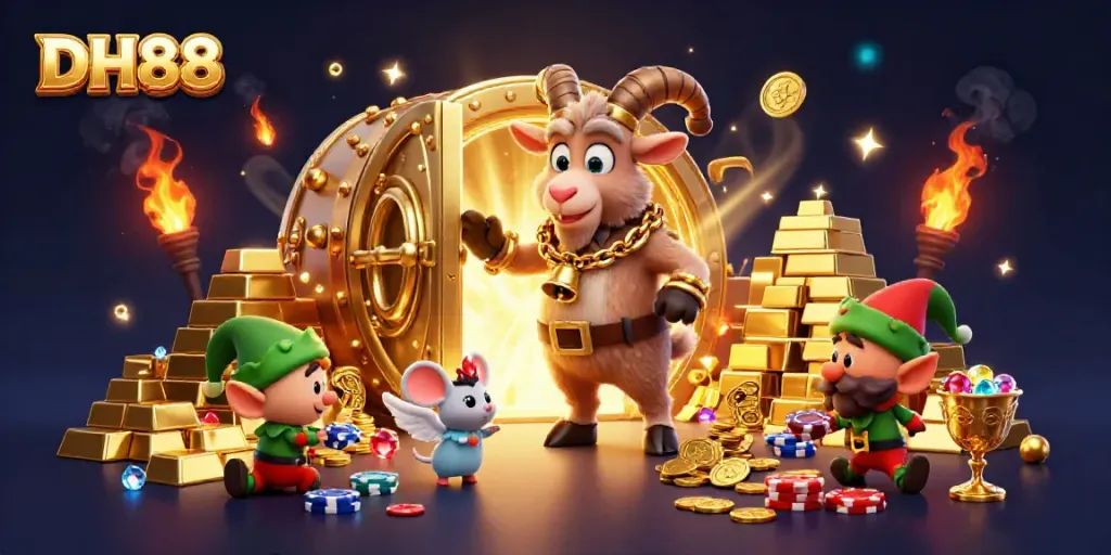 Experience the excitement of DH88 with playful characters in a vibrant online casino setting filled with treasures.