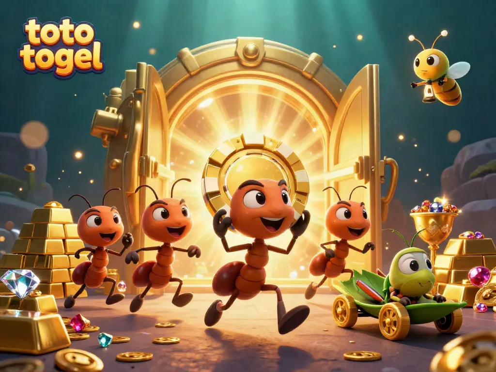 Team of cartoon ants executing a heist in toto togel with a golden poker chip in a vibrant casino scene.