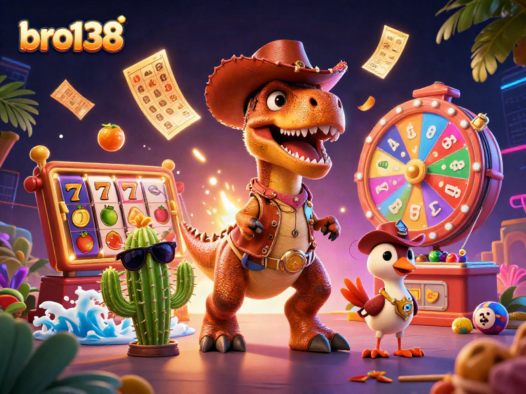 Win big with bro138's dynamic slot scene featuring colorful characters and casino elements.