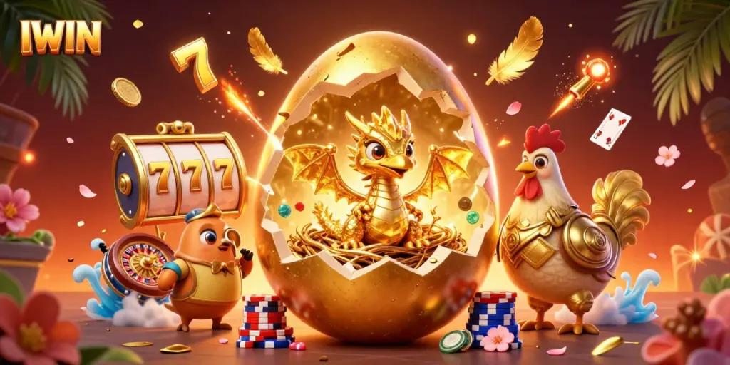 IWIN showcases a stunning 3D dragon emerging from golden poker chips, surrounded by dynamic casino elements.