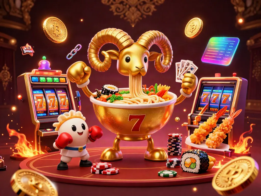Engaging slot bonus scene with a giant ramen bowl character displaying cards while surrounded by vibrant casino elements.