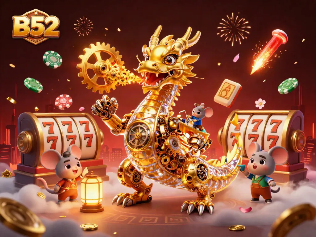 Experience the B52 casino adventure with a golden dragon, slot reels, and fireworks.