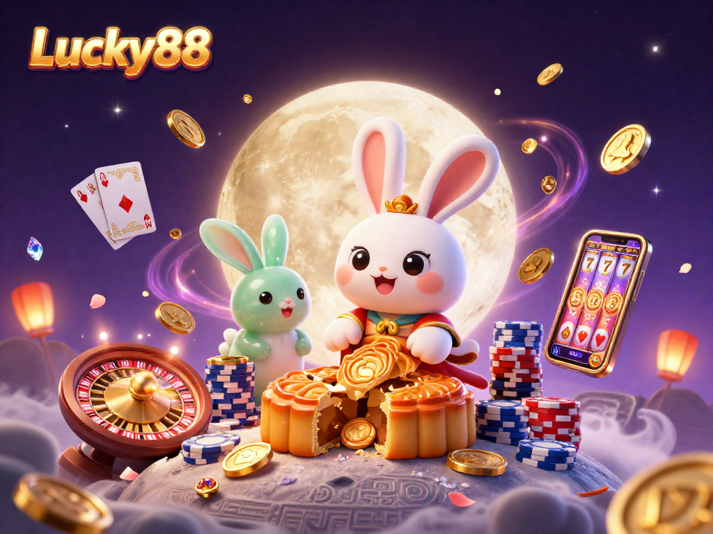 Experience Lucky88 with a whimsical moon rabbit surrounded by casino elements and vibrant energy.