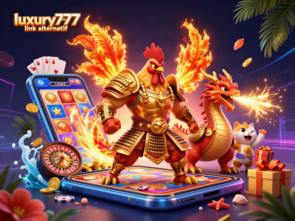 Menyematkan keseruan dengan luxury777 link alternatif, ilustrasi 3D ayam petarung dan naga bertema kasino.