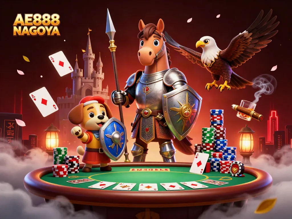 Engage with AE888 NAGOYA through a lively poker scene featuring a knight, squire, and falcon.