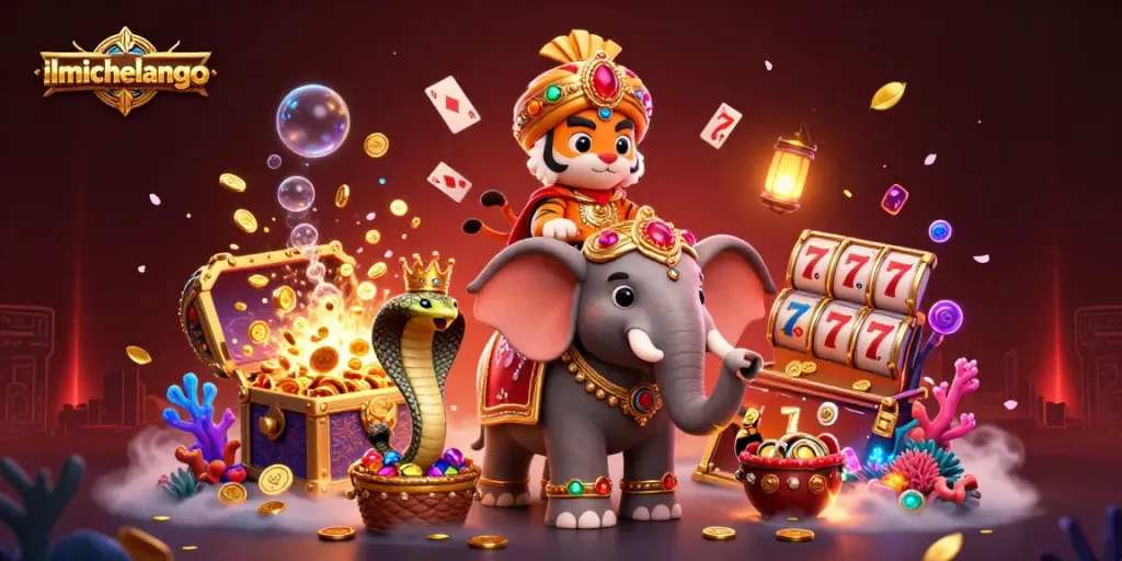 Experience the excitement of ilmichelangelo with slots and dynamic characters in a captivating 3D illustration.