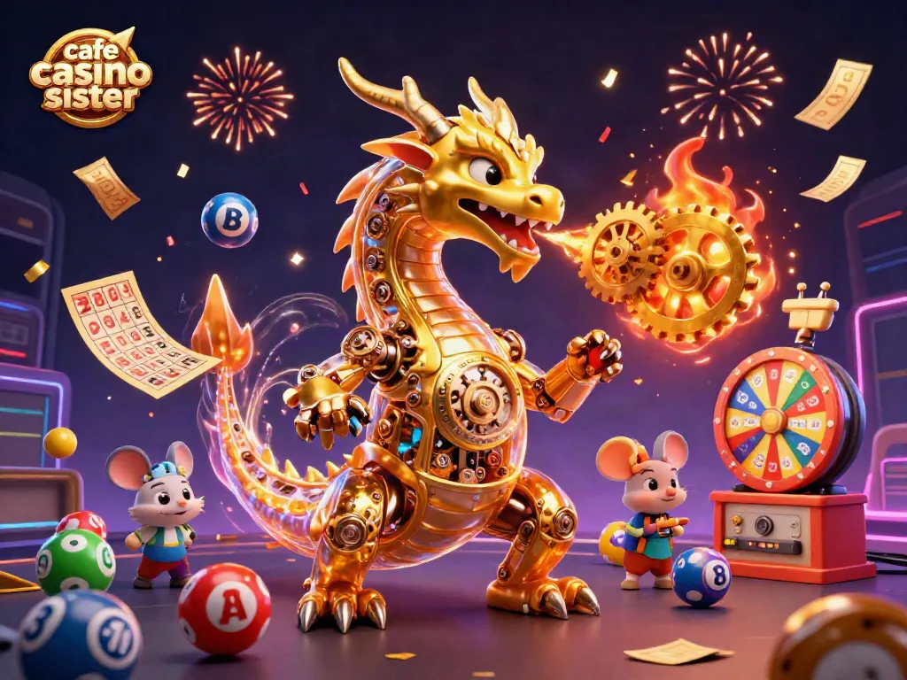 Casino excitement with cafe casino sister casinos featuring a golden dragon and lottery elements in a vibrant 3D scene.