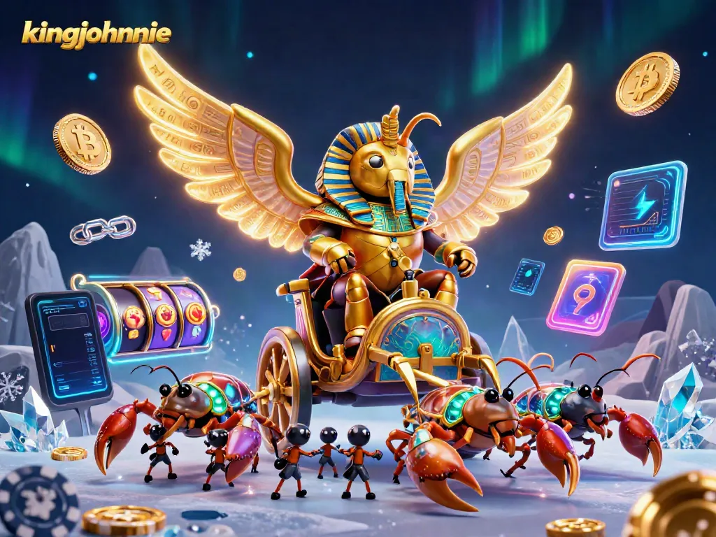 Experience thrilling games at Kingjohnnie Casino with a vibrant 3D illustration showcasing gold and riches.
