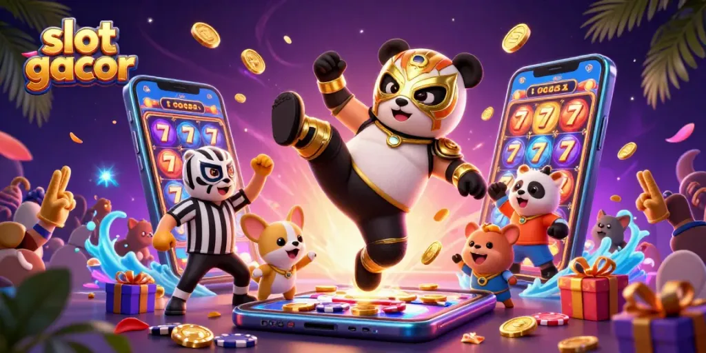 Witness a thrilling slot gacor scene with a panda wrestler and cash-filled smartphone excitement.