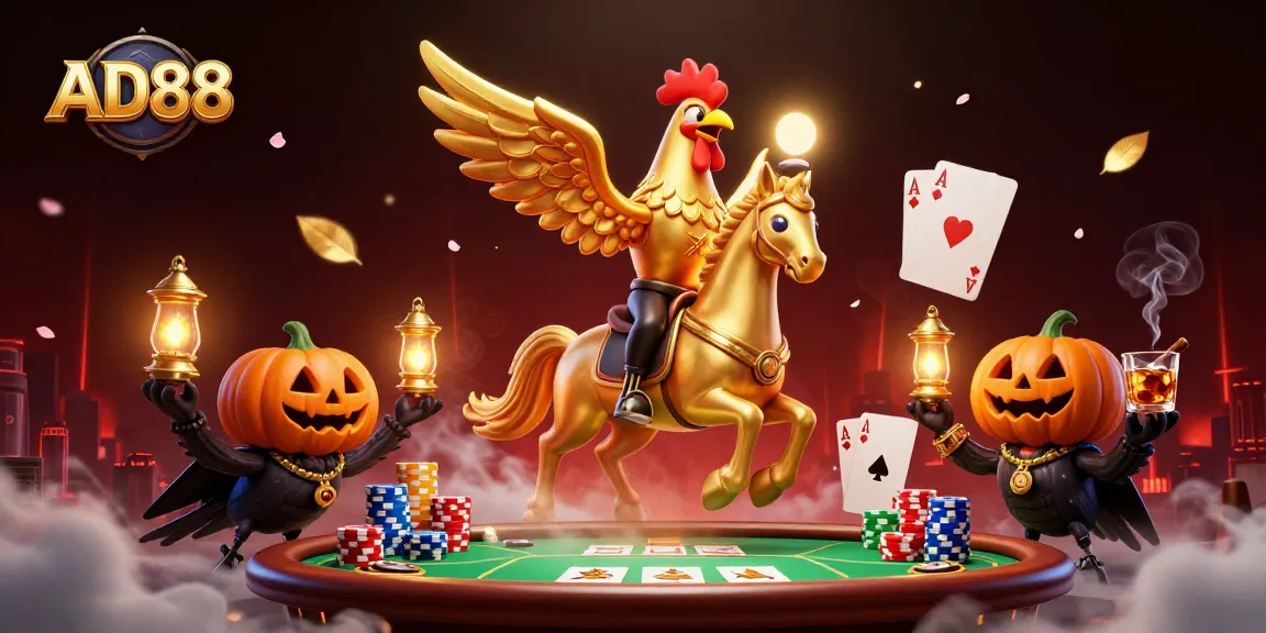 Experience the excitement of AD88 as the golden rooster horseman navigates a vibrant casino scene.