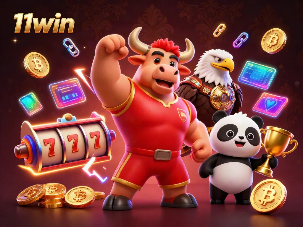 Celebrate big wins with 11win as cartoon mascots enjoy casino games surrounded by vibrant neon glow.