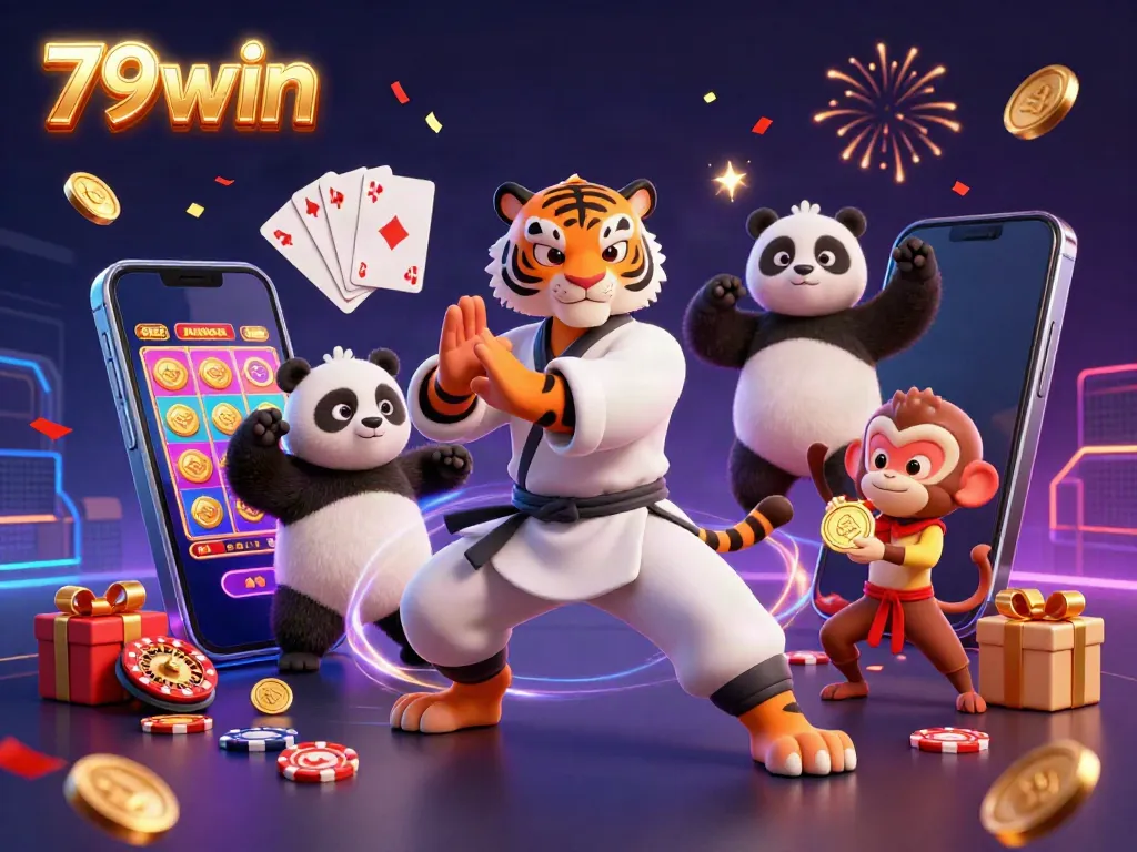Engage with thrilling 79win gaming as kung fu characters bring excitement to a casino scene.