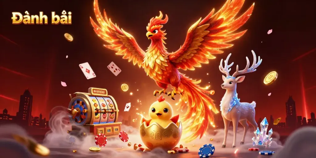 Experience Đánh bài with an energetic depiction of casino action featuring vibrant cards and coins.