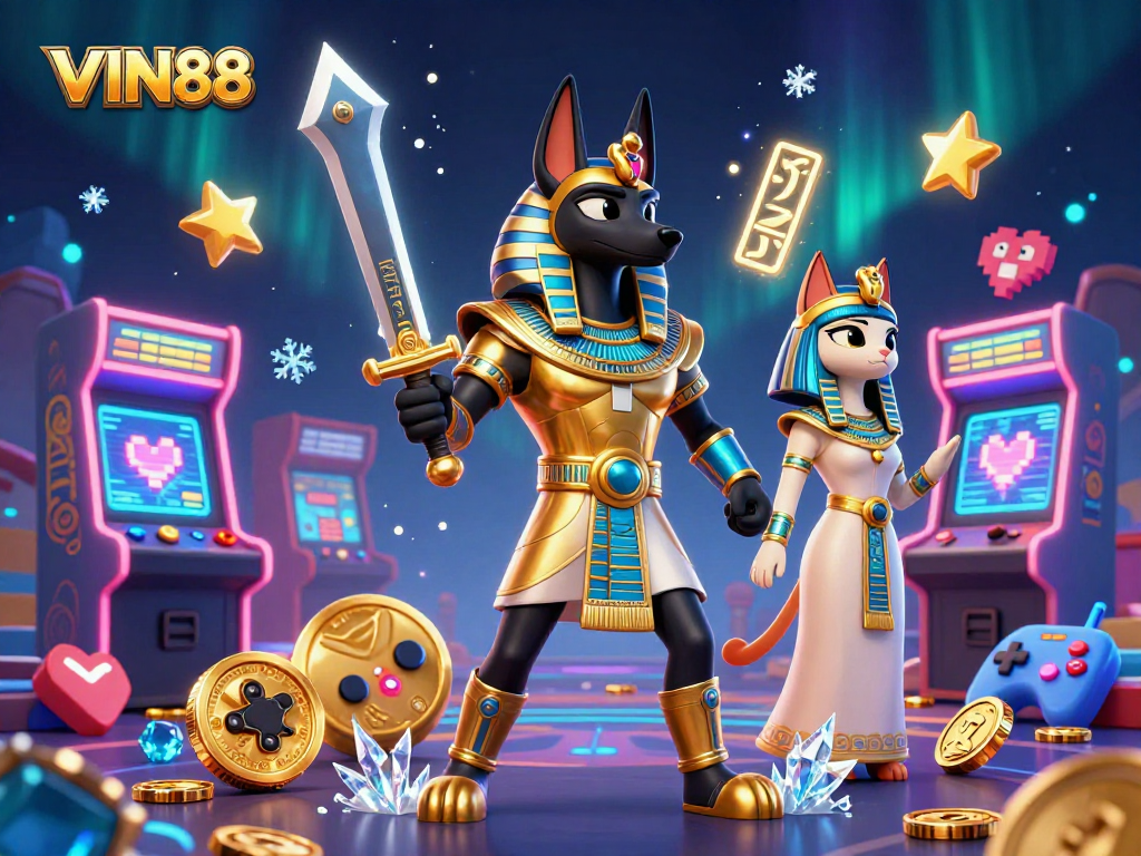 Experience the thrilling vibes of VIN88 with dynamic casino gaming elements and ancient Egyptian figures.