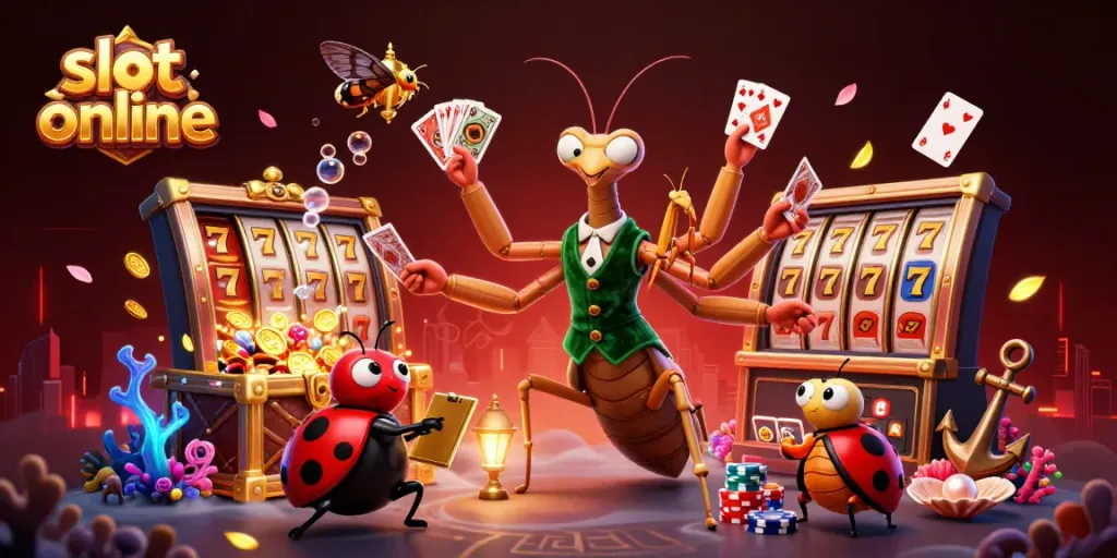 Slot online menampilkan karakter unik dalam ilustrasi 3D dengan mesin slot dan harta karun, cocok untuk pemain.