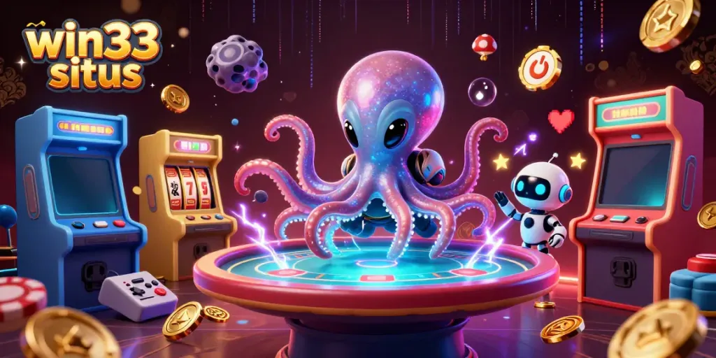 Engage in thrilling gaming at win33 situs with an alien octopus dealer surrounded by vibrant casino elements.