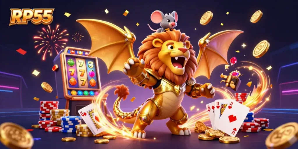 Menangkan jackpot dengan slot machine RP55 yang dikelilingi karakter fantastis dalam nuansa kasino.