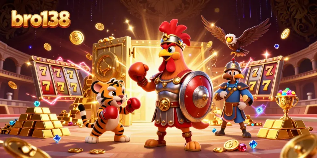Experience the thrilling action of bro138 with a dynamic illustration of a gladiator rooster in a casino setting.