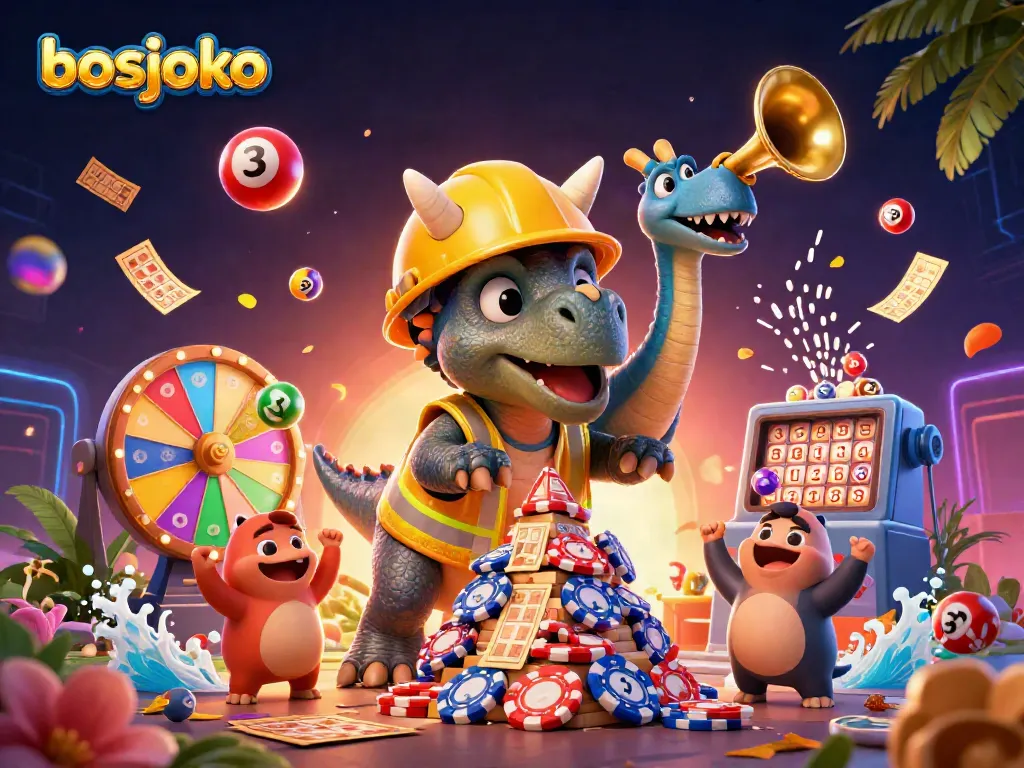 Experience the excitement of bosjoko with cheerful characters building a vibrant poker chip pyramid.