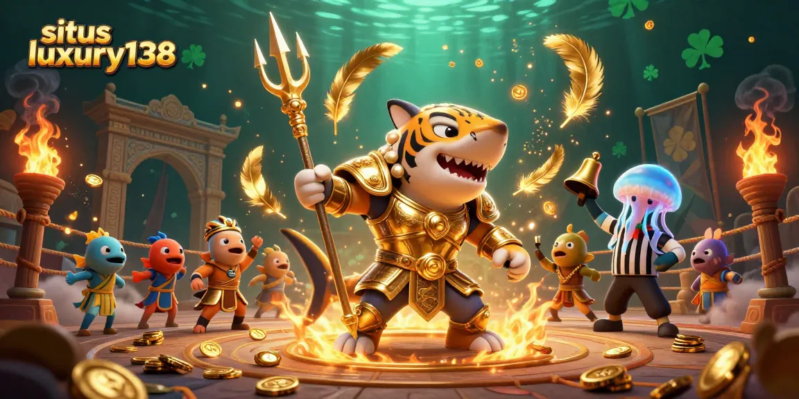 Situs luxury138 menghadirkan ilustrasi kasino 3D dengan hiu kartun ganas dalam armor gladiator emas, menciptakan suasana bermain yang menegangkan.