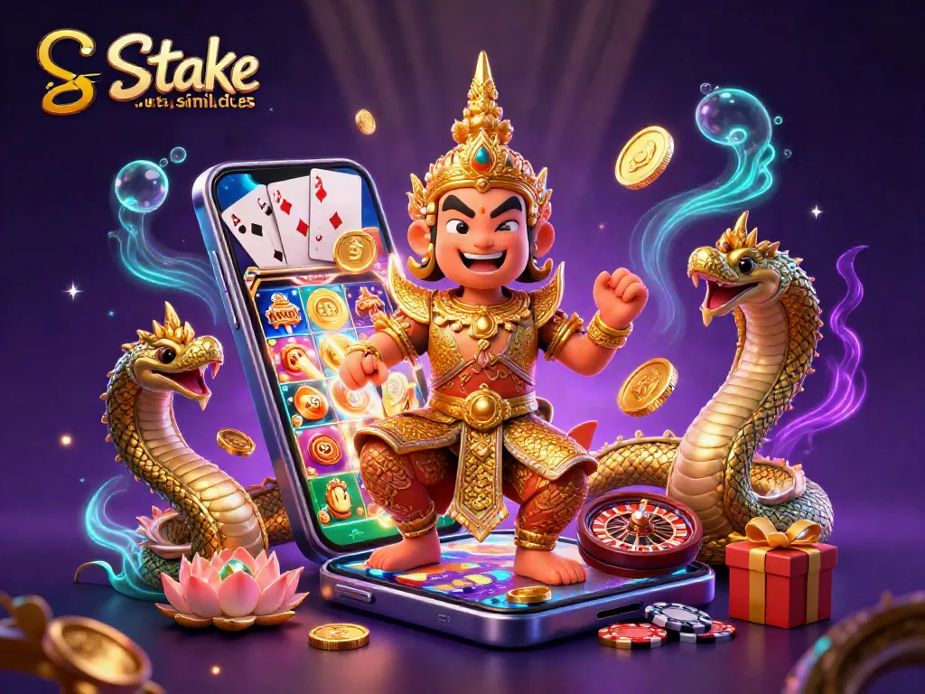 Spin to win with stake.us similar sites in a vibrant 3D casino scene featuring a guardian and game elements.