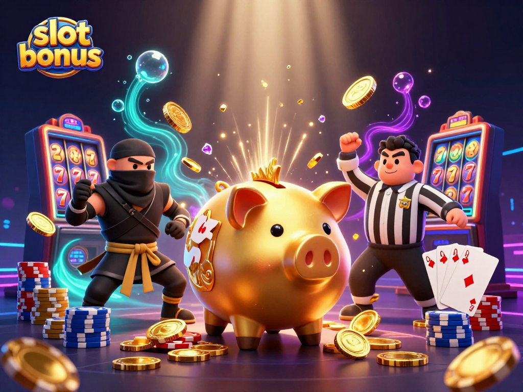 Thrilling slot bonus scene with a golden piggy bank wrestler and dynamic gaming elements.