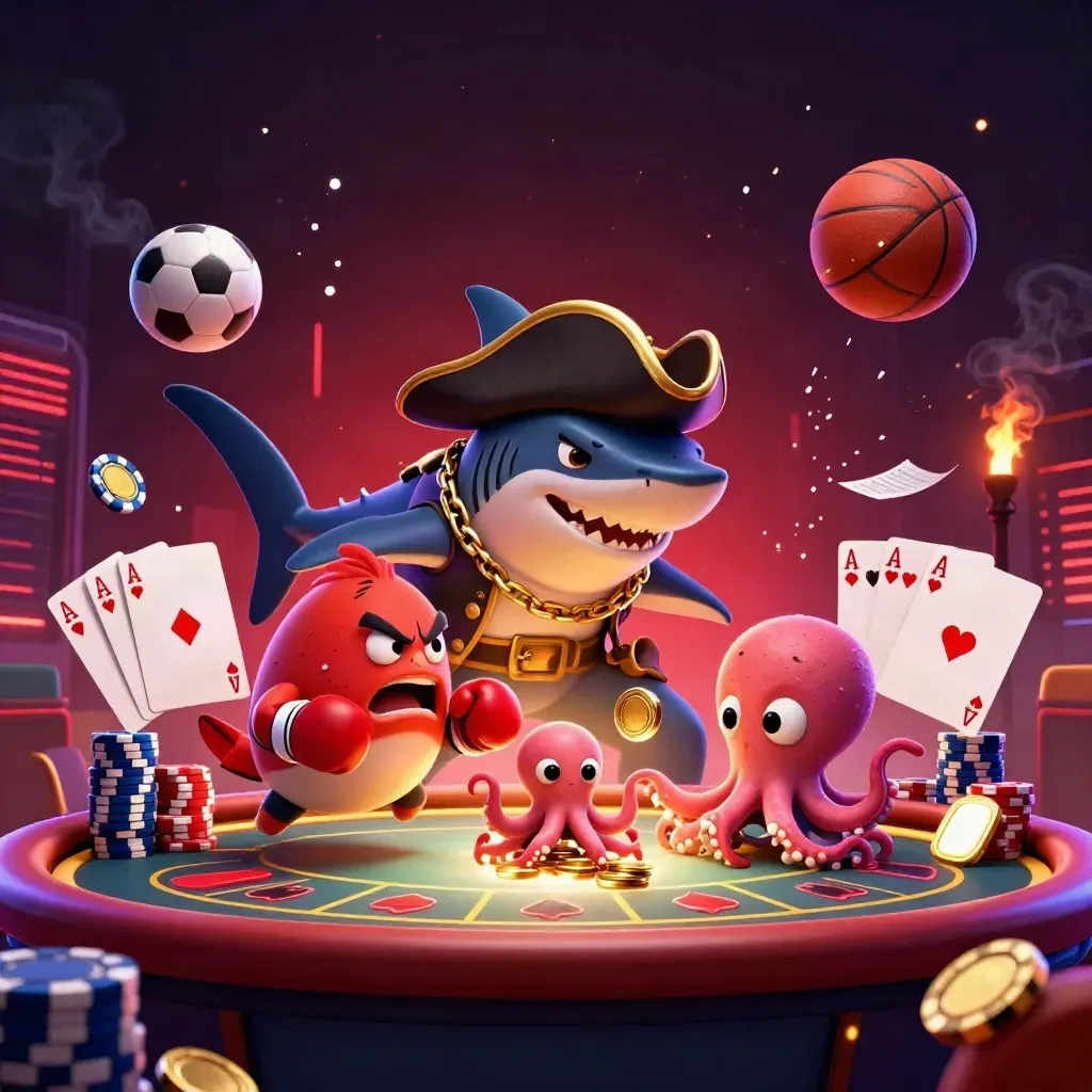 Cartoon pirate shark, boxing pufferfish, and coin-juggling octopus amid casino sports chaos.