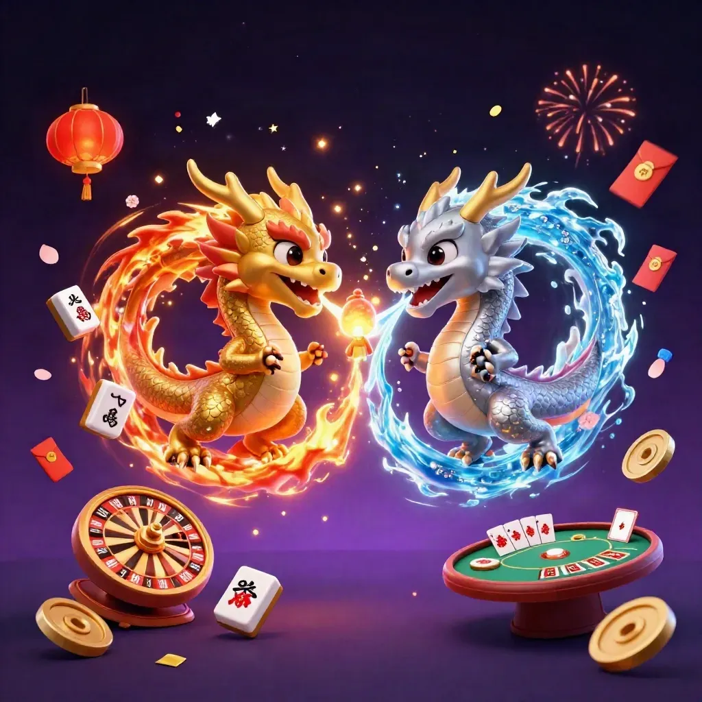 Gold and silver dragons clash in neon casino magic with lanterns, coins, and fireworks.